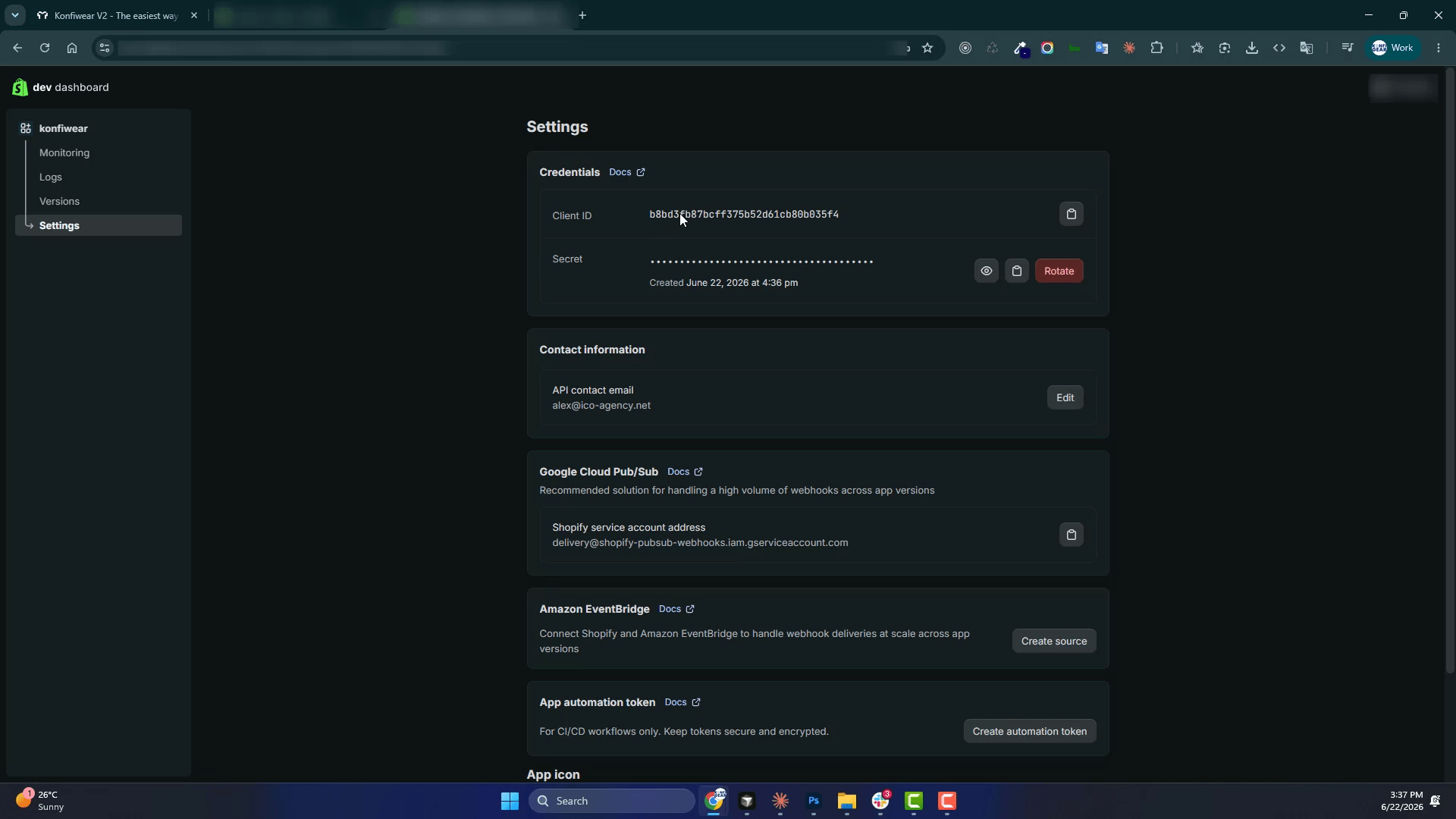Shopify app settings page showing Client ID and Client secret credentials to copy